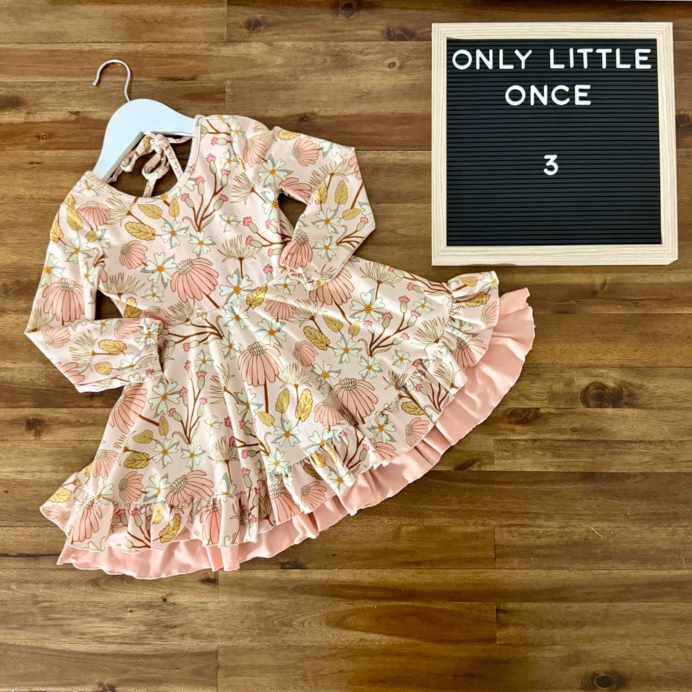 Only Little Once Floral Pink Twirl Dress 3 Long Sleeve Knit Ruffle Scoop Back